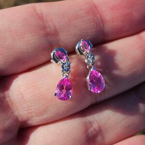 10K White Gold Pink Ice Topaz Diamond Dangle Drop Pear Earrings